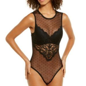 NWT! INC International Concepts Sheer Swiss Dot Cupped Bodysuit - Black - Size-L